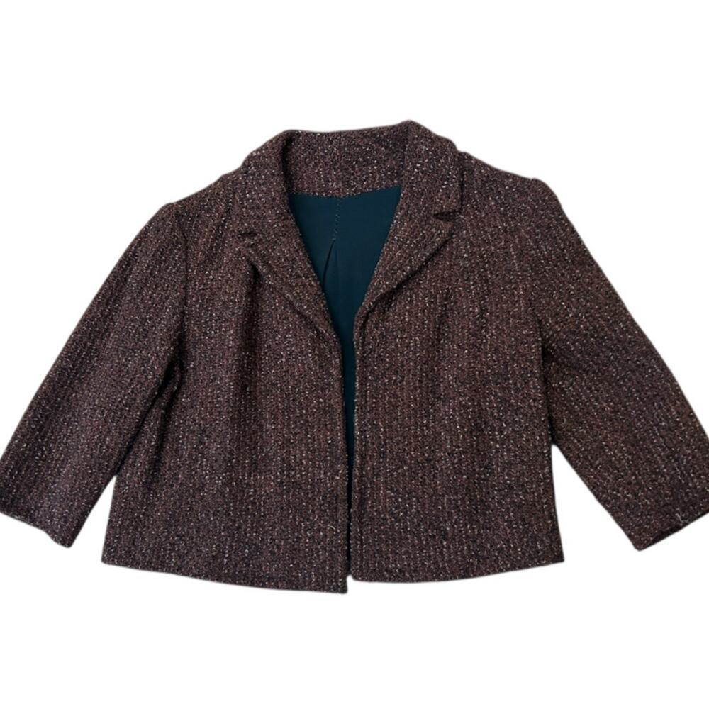 Vintage 50s Boucle Tweed Cropped Jacket Brown Open Front Blazer / medium -